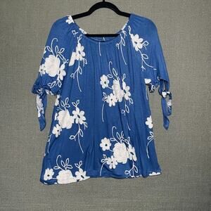 Liv Los Angeles Floral Crochet Embroidered Blouse Top Tie Sleeve Boho Cottage L